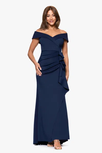Xscape Evenings Petite "patti" Long Off The Shoulder Scuba Crepe Dress In Black