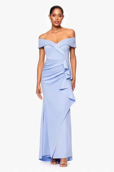 Xscape Evenings Petite "patti" Long Off The Shoulder Techno Scuba Dress In Blue