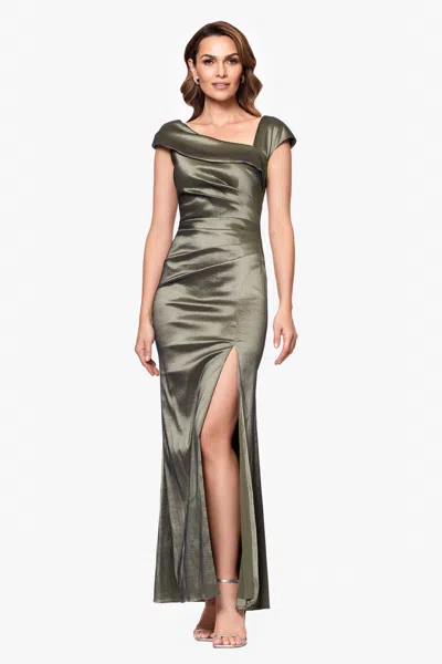Xscape Evenings Petite "paulina" Taffeta Short Sleeve Asymmetric Neckline Floor Length Dress In Green