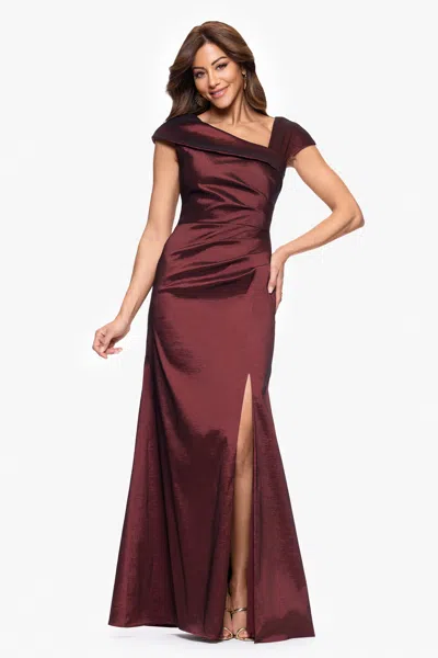 Xscape Evenings Petite "paulina" Taffeta Short Sleeve Asymmetric Neckline Floor Length Dress In Red
