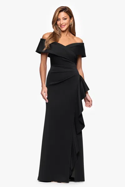 Xscape Evenings Petite "pearl" Techno Scuba Off The Shoulder Ruffle Floor Length Dress In Black
