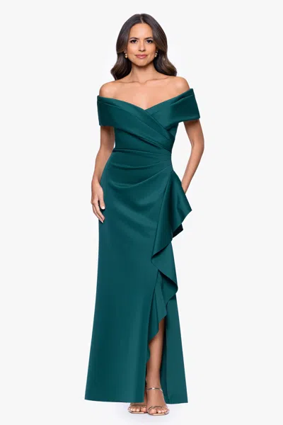 Xscape Evenings Petite "pearl" Techno Scuba Off The Shoulder Ruffle Floor Length Dress In Green