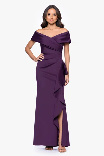 Xscape Evenings Petite "pearl" Techno Scuba Off The Shoulder Ruffle Floor Length Dress In Purple