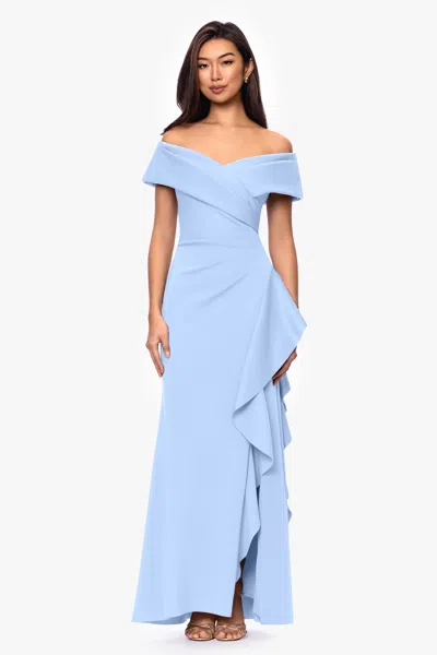 Xscape Evenings Petite "pearl" Techno Scuba Off The Shoulder Ruffle Floor Length Dress In Blue