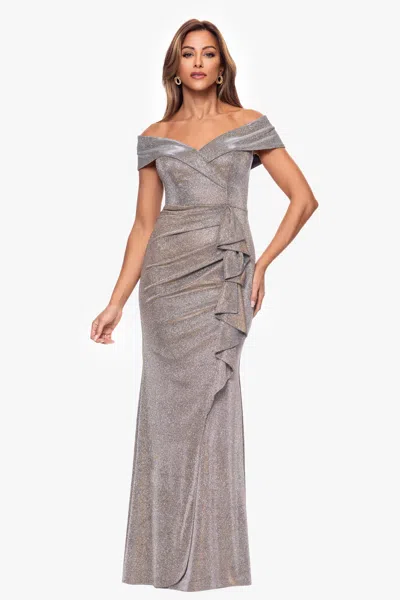 Xscape Evenings Petite "raveena" Long Foil Knit Off The Shoulder Floor Length Ruffle Dress In Gray