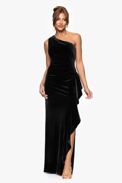 Xscape Evenings Petite "riley" Velvet One Shoulder Ruffle Floor Length Dress In Black