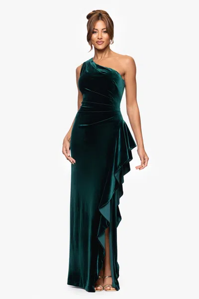 Xscape Evenings Petite "riley" Velvet One Shoulder Ruffle Floor Length Dress In Green