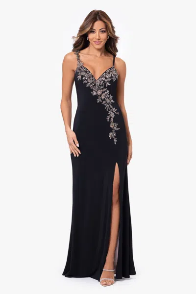 Xscape Evenings Petite "rina" Jersey Knit Spaghetti Strap Applique Floor Length Dress In Multi