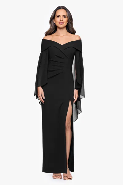 Xscape Evenings Petite "rosaline" Scuba Crepe Off The Shoulder Chiffon Cape Floor Length Dress In Blue