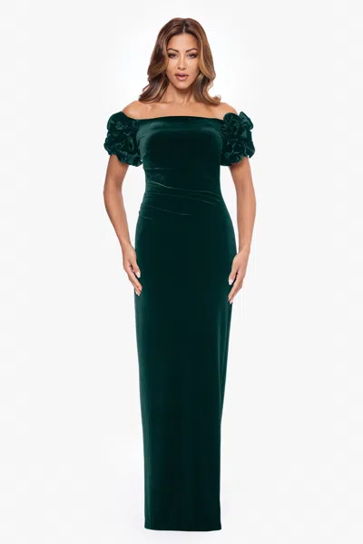 Xscape Evenings Petite "rosie" Long Velvet Off The Shoulder Ruffle Sleeve Dress In Green