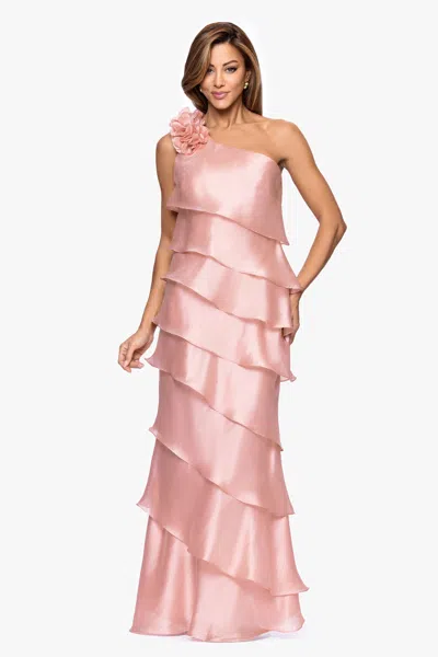 Xscape Evenings Petite "rosina" Long Metallic Organza Tiered One-shoulder Dress In Pink