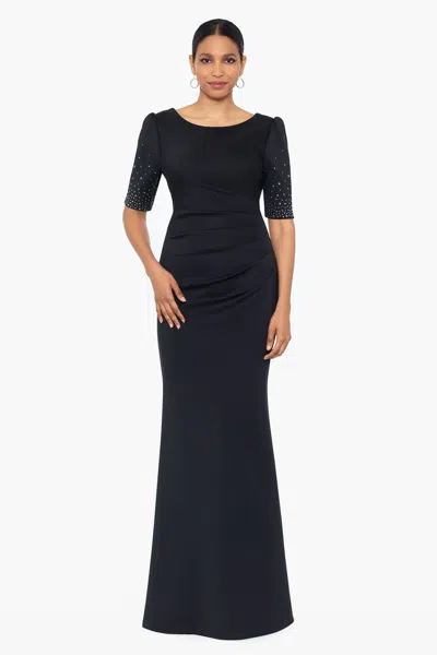 Xscape Evenings Petite "tonya" Scuba Crepe Short Sleeve Sleeve Rhinestone Embellished Floor Length Dress In Black