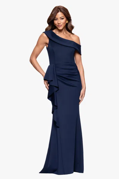 Xscape Evenings Petite "valerie" Techno Scuba Off The Shoulder Ruffle Floor Length Dress In Blue