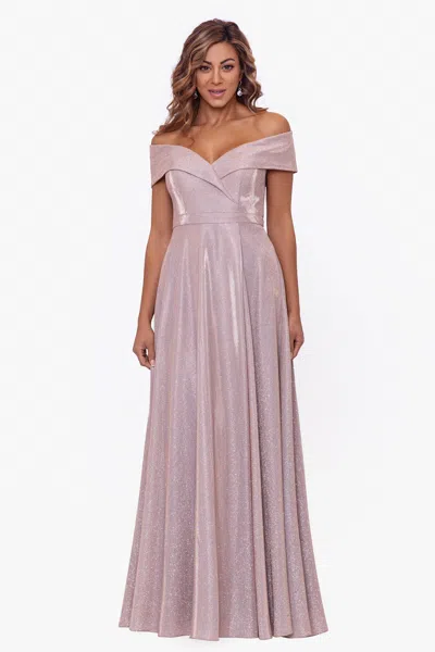 Xscape Evenings Petite "willow" Off The Shoulder Glitter Knit Gown In Pink