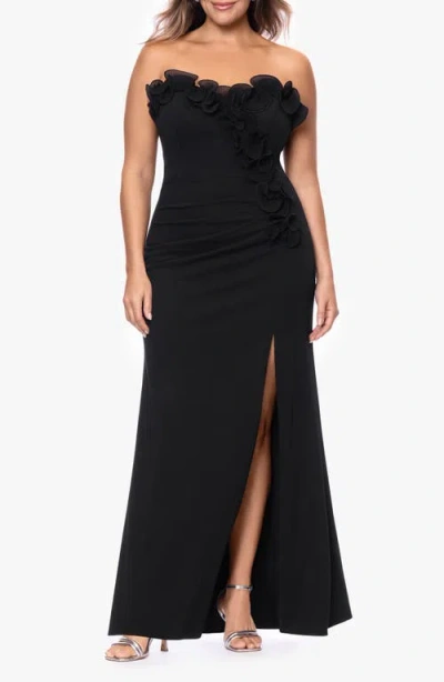 Xscape Evenings Pleat Ruffle Strapless Scuba Gown In Black
