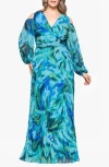Xscape Evenings Pleated Long Sleeve Gown In Blue