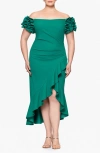 Xscape Evenings Pleated Ruffle Off The Shoulder Midi Dress In Green