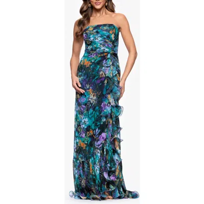 Xscape Evenings Pleated Ruffle Strapless Mermaid Gown In Blue