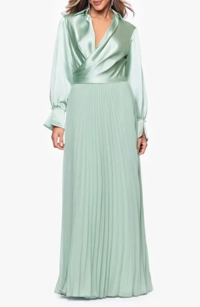 Xscape Evenings Pleated Satin Long Sleeve Gown In Green