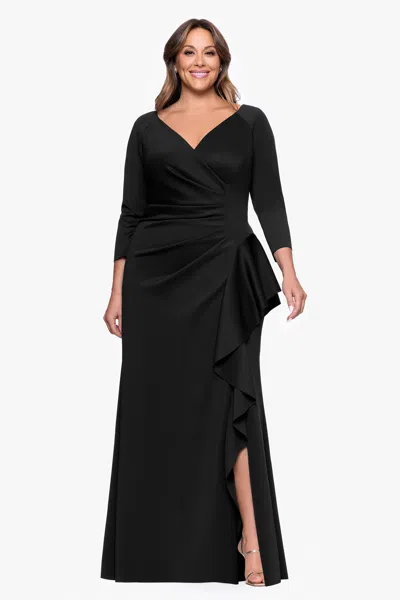 Xscape Evenings Plus "amber" Techno Scuba 3/4 Sleeve V-neck Ruffle Floor Length Dress In Black