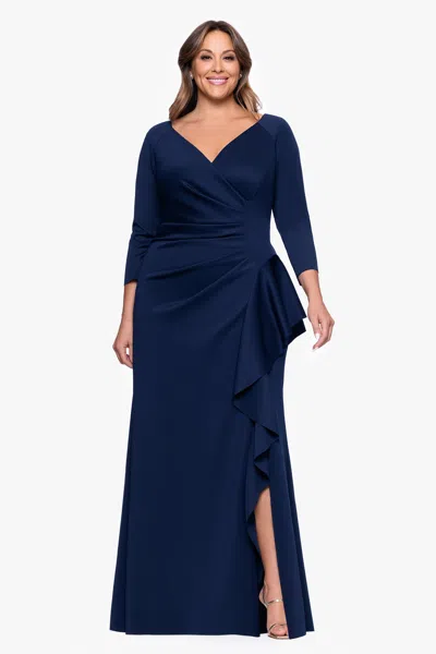 XSCAPE EVENINGS PLUS "AMBER" TECHNO SCUBA 3/4 SLEEVE V-NECK RUFFLE FLOOR LENGTH DRESS