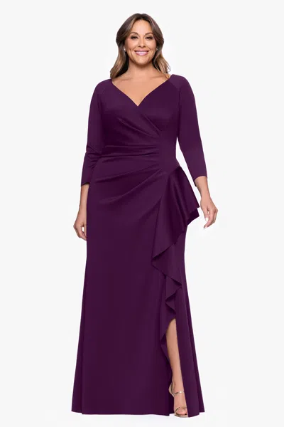 Xscape Evenings Plus "amber" Techno Scuba 3/4 Sleeve V-neck Ruffle Floor Length Dress In Purple