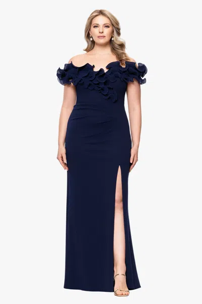 Xscape Evenings Plus "anya" Scuba Crepe Off The Shoulder Chiffon Ruffle Neckline Floor Length Dress In Blue