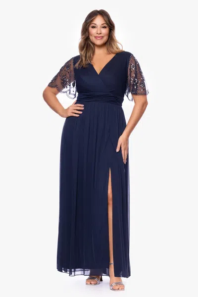 Xscape Evenings Plus "aurelia" Sheer Jersey Mesh Beaded Sleeve Floor Length Dress In Blue