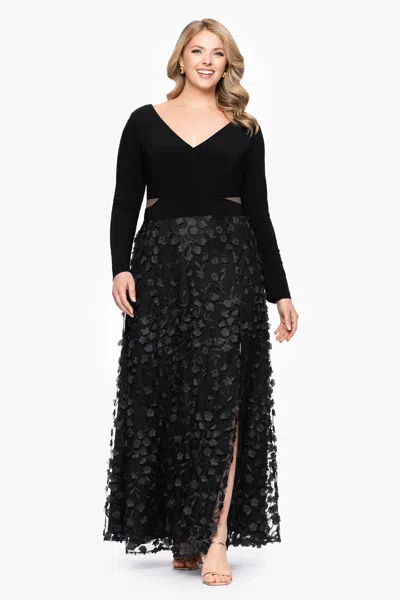 Xscape Evenings Plus "aurora" V - Neck Long Sleeve Raised Flower Slit Dress In Black