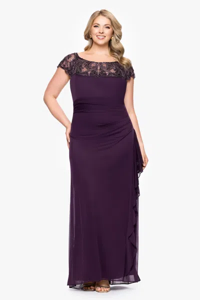 Xscape Evenings Plus "cathleen" Sheer Matte Jersey Beaded Neckline Ruffle Floor Length Dress In Purple