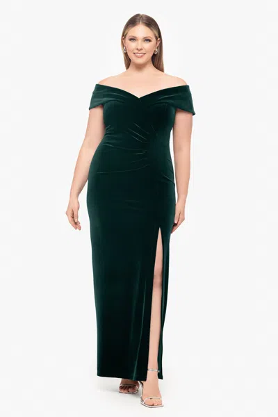 Xscape Evenings Plus "charmaine" Long Off The Shoulder Velvet Gown In Blue