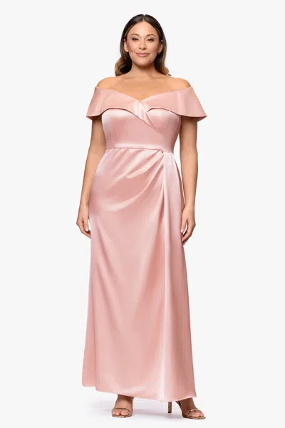 Xscape Evenings Plus "daliah" Satin Off The Shoulder Floor Length Dress In Pink