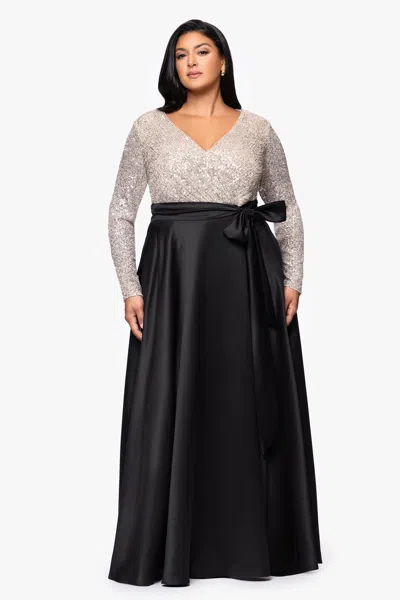 Xscape Evenings Plus "dixie" V-neck Long Sleeve Sequin Top Waistband With Bow Gown In Black