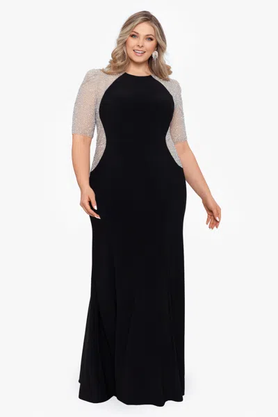 Xscape Evenings Plus "elise" Quarter Sleeve Long Jersey Knit Dress In Black