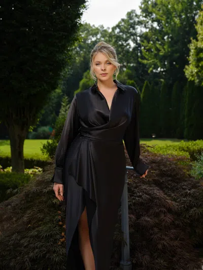 Xscape Evenings Plus "emery" Long Satin Long Sleeve Collared Dress In Black