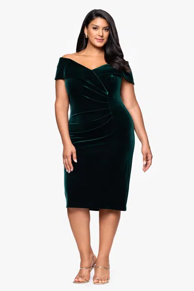 Xscape Evenings Plus "felicity" Knee Length Off The Shoulder Ruched Velvet Dress In Green