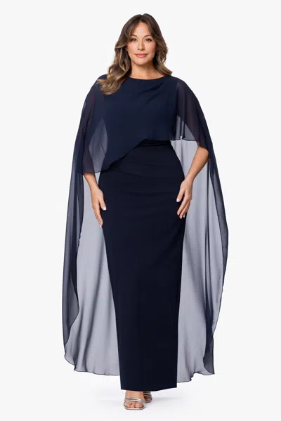 Xscape Evenings Plus "gwenyth" Scuba Crepe And Chiffon Cape Floor Length Dress In Blue