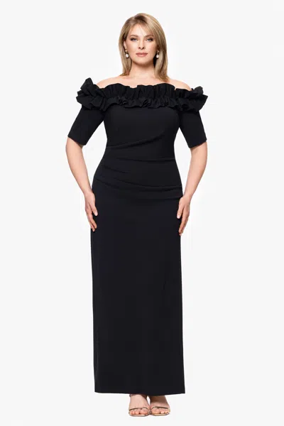 Xscape Evenings Plus "isla" Long Crepe Off The Shoulder Ruffle Dress In Black