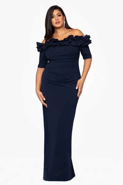 Xscape Evenings Plus "isla" Long Crepe Off The Shoulder Ruffle Dress In Blue