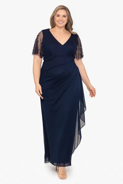 Xscape Evenings Plus "janice" Jersey Embellished Sleeve Floor Length Dress In Blue