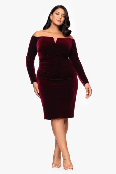 Xscape Evenings Plus "jody" Velvet Off The Shoulder V-neck Short Dress In Red