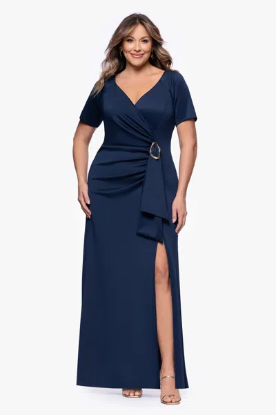 Xscape Evenings Plus "jordan" Techno Scuba Embellished Floor Length Dress In Blue