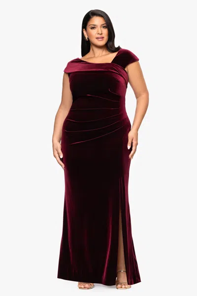Xscape Evenings Plus "katrina" Velvet Asymmetrical Neckline Cap Sleeve Floor Length Dress In Burgundy