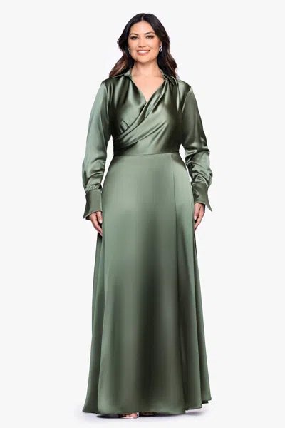 Xscape Evenings Long Sleeve Satin Gown In Green