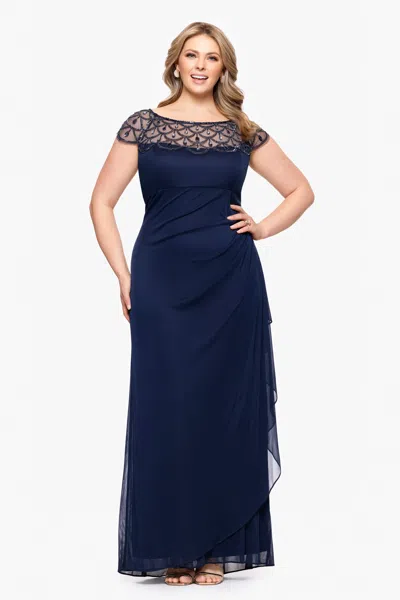Xscape Evenings Plus "khloe" Sheer Matter Jersey Embellished Ruffle Dress In Blue