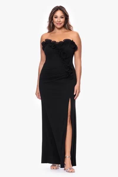 Xscape Evenings Plus "kimberly" Scuba Crepe Chiffon Ruffle Strapless Floor Length Dress In Black
