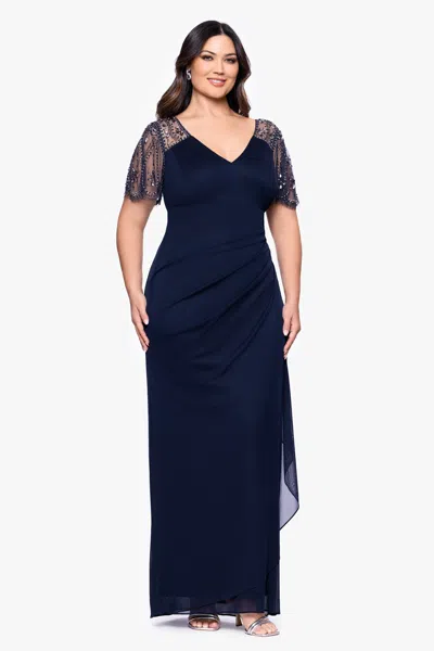 Xscape Evenings Plus "lana" Long V-neck Beaded Flutter Sleeve Dress In Blue