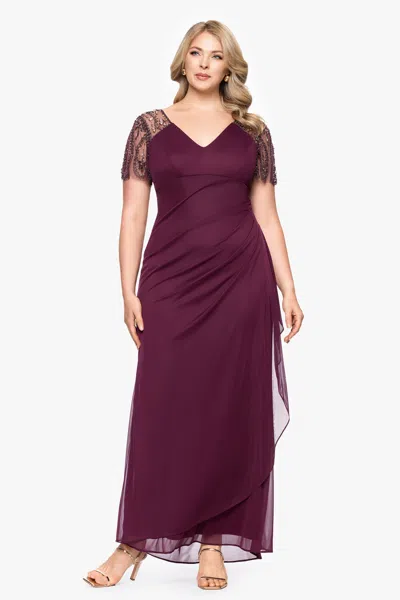 Xscape Evenings Plus "lana" Long V-neck Beaded Flutter Sleeve Dress In Burgundy