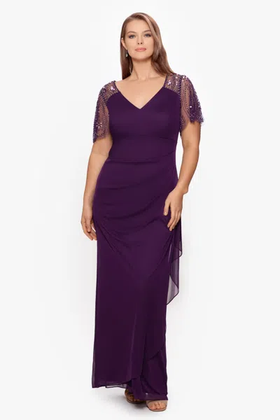 Xscape Evenings Plus "lana" Long V-neck Beaded Flutter Sleeve Dress In Purple