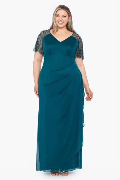 Xscape Evenings Plus "lana" Long V-neck Beaded Flutter Sleeve Dress In Blue